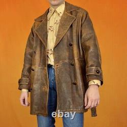 Manteau trench en cuir véritable vintage, veste matelassée, rétro usé, grunge des années 80 et 90
