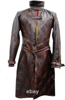 Manteau trench marron vieilli pour homme Aiden Pearce en cuir véritable