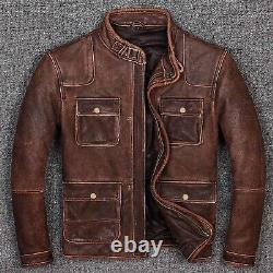 Manteau veste blazer en cuir vieilli craquelé marron vintage pour homme