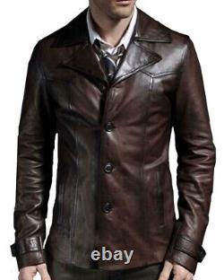 Men Blazer Coat Brown Biker Vinture Classique Forme Reel Leather Jacket Freeship