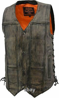 Men Motocycle 10 Pockets Distressed Brown Leather Vest Avec Side Laques Usa41