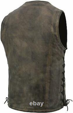 Men Motocycle 10 Pockets Distressed Brown Leather Vest Avec Side Laques Usa41