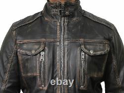 Mens Genuine Leather Biker Bomber Jacket Vintage Racing Quilted Noir En Détresse