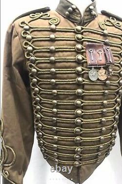 Mens Steampunk Military Hussar Jacket Coat Distressed Antique Gold Braid Medals
