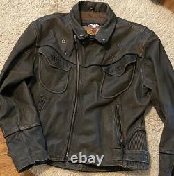Mens Vintage Harley Davidson Billings Leather Jacket XL Brun En Détresse
