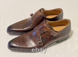 NWOB Magnanni Double Monk Strap Chaussures pour hommes en cuir brun bruni et vieilli, taille 8M