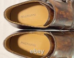 NWOB Magnanni Double Monk Strap Chaussures pour hommes en cuir brun bruni et vieilli, taille 8M