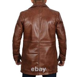 Nouveau manteau en cuir marron vieilli avec fourrure pour homme