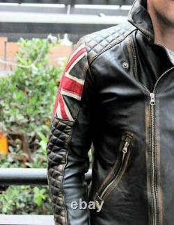 Nouvelle Moto Matelassée Pour Hommes Real Leather Détressed Cafe Racer Uk Flag Jacket