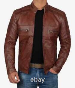 Nouvelle Veste de Moto en Cuir Marron Vieilli pour Homme de Style Café Racer