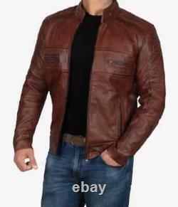 Nouvelle Veste de Moto en Cuir Marron Vieilli pour Homme de Style Café Racer