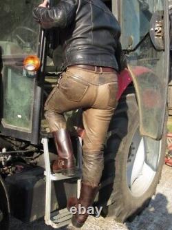 Pantalon de cuir véritable vintage pour homme avec 5 poches et aspect vieilli pour les motards