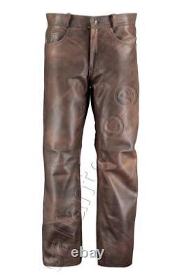 Pantalon de moto en cuir marron, style vintage, en cuir de motard, pantalon de moto en cuir.