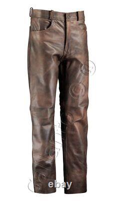 Pantalon de moto en cuir marron, style vintage, en cuir de motard, pantalon de moto en cuir.