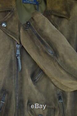 Polo Ralph Lauren Hommes Brown Suede Cuir Vieilli Vintage Veste Motard Moto