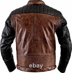 Traduisez ce titre en français : Veste en cuir marron vieilli vintage véritable de motard de moto homme café racer