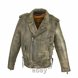 VESTE DE MOTARD EN CUIR MARRON VIEILLI POUR HOMME avec POCHES CACHÉES UDA95