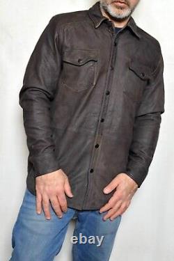 Veste Chemise en Cuir d'Agneau Vieilli Fait Main de la Marque Lucky, Marron Foncé SIERRA