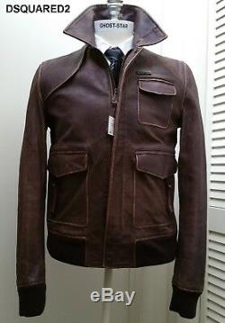 Veste En Cuir Dsquared Aviateur Bombardier Brun Affligé Dsquared2 M Mince 40 50