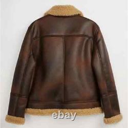 Veste aviateur en cuir véritable pour homme, bomber en peau de mouton shearling marron vieilli