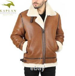 Veste aviateur en cuir véritable pour homme en peau de mouton shearling brune vieillie