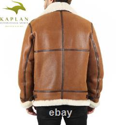 Veste aviateur en cuir véritable pour homme en peau de mouton shearling brune vieillie