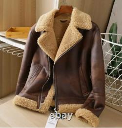 Veste aviateur en cuir véritable pour homme, en peau de mouton shearling marron vieilli