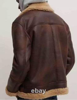 Veste aviateur en cuir véritable pour homme, en peau de mouton shearling marron vieilli