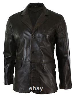 Veste blazer classique pour homme à deux boutons en cuir véritable marron vieilli et doux.