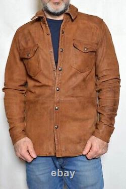 Veste chemise en cuir d'agneau vieilli fait main de la marque Lucky Brand, couleur tan brown SIERRA XL