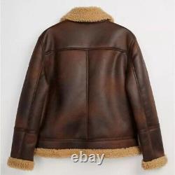 Veste d'aviateur en peau de mouton en cuir véritable marron vieilli avec fourrure de mouton