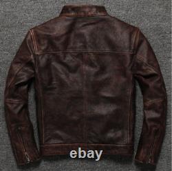 Veste de bande slim en cuir de mouton souple vintage en brun foncé usé pour hommes