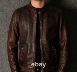 Veste de bande slim en cuir de mouton souple vintage en brun foncé usé pour hommes