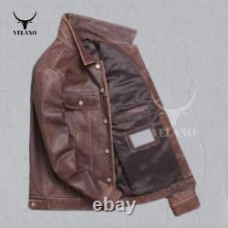 Veste de camionneur en cuir vintage marron vieilli pour homme en cuir véritable craquelé