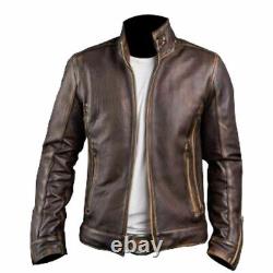 Veste de motard casual vintage en cuir marron vieilli pour homme de style slim fit