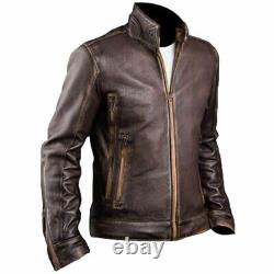 Veste de motard casual vintage en cuir marron vieilli pour homme de style slim fit