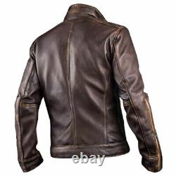 Veste de motard casual vintage en cuir marron vieilli pour homme de style slim fit