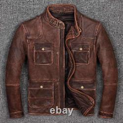 Veste de motard décontractée en cuir pour hommes de couleur marron, véritable cuir de moto de style motard ajusté.