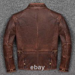 Veste de motard décontractée en cuir pour hommes de couleur marron, véritable cuir de moto de style motard ajusté.