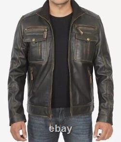 Veste de motard en cuir brun usé pour homme avec détails vintage