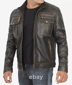 Veste de motard en cuir brun usé pour homme avec détails vintage