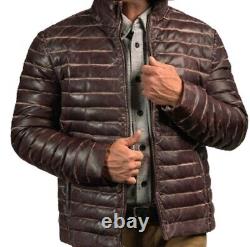 Veste de motard en cuir matelassé brun pour hommes, style bomber, vieilli