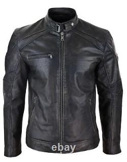 Veste de motard en cuir véritable pour hommes, vintage noir et marron, vieilli