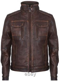 Veste de motard rétro en cuir brun vieilli 100% cuir vintage pour homme