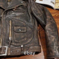 Veste de motard rétro en cuir de vachette vieilli style vintage pour homme