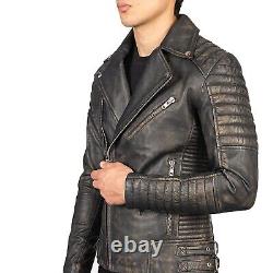 Veste de motard vintage en cuir brun pour homme au Royaume-Uni, coupe slim décontractée et usée