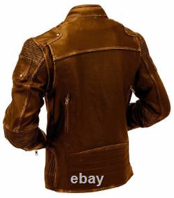 Veste de motard vintage en cuir ciré marron pour homme de style café racer au coupe ajustée décontractée