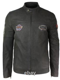 Veste de motard vintage en cuir marron avec badge, lavée et usée, coupe ajustée