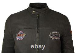 Veste de motard vintage en cuir marron avec badge, lavée et usée, coupe ajustée