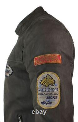 Veste de motard vintage en cuir marron avec badge, lavée et usée, coupe ajustée